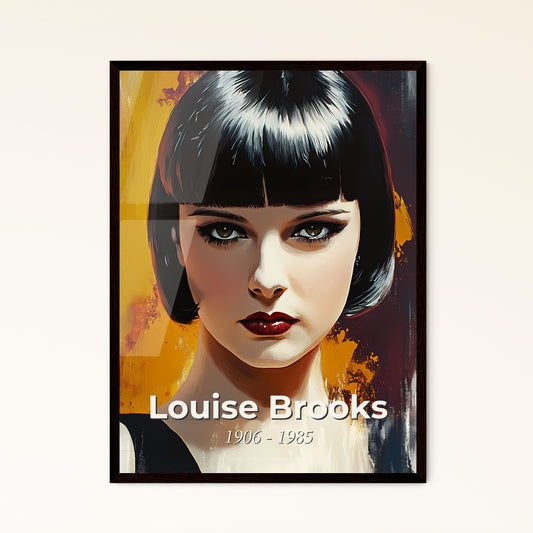 Portrait of Louise Brooks, 1906 - 1985. Impressionistic painting of a woman with short black hair and red lipstick.