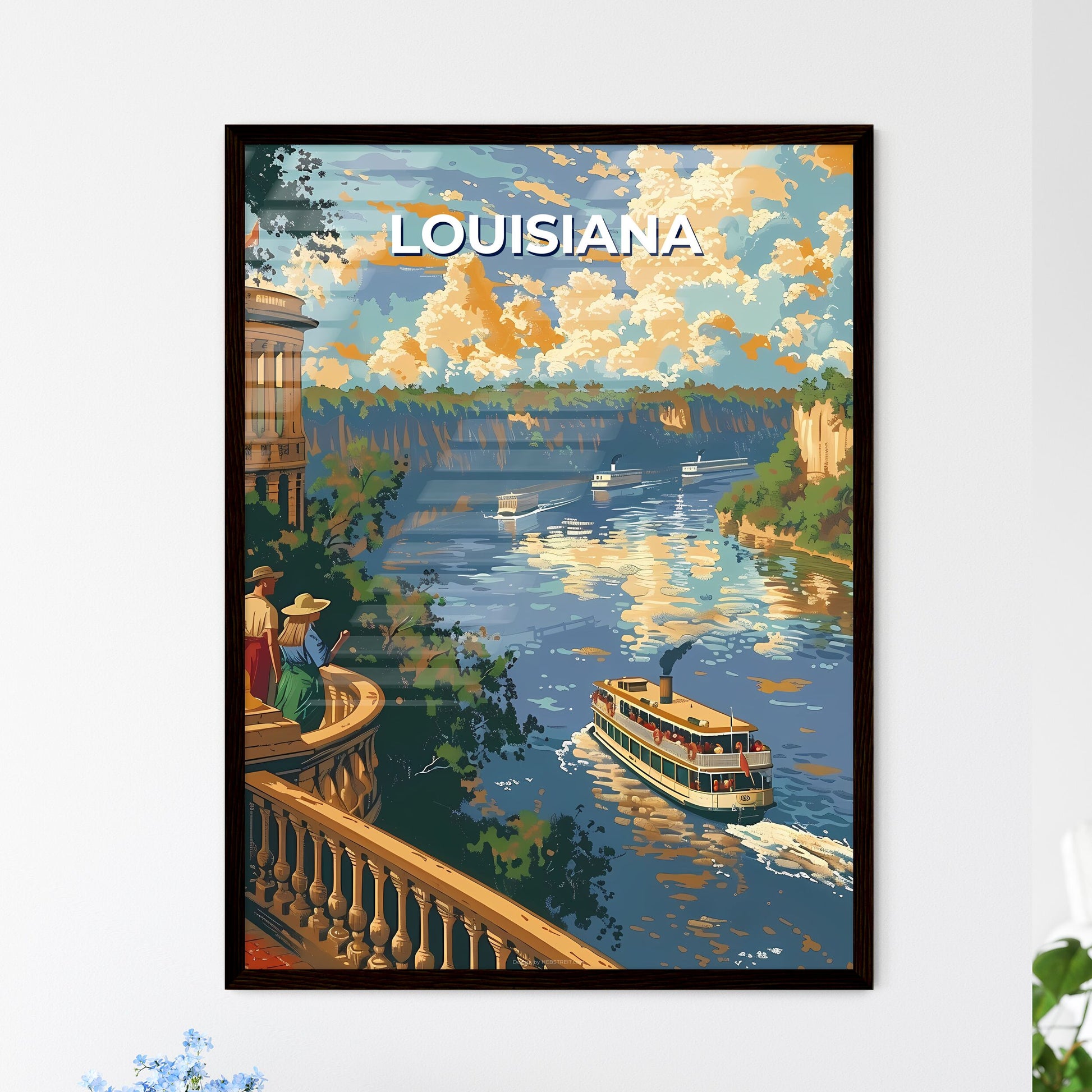 Art Painting of a Scenic Louisiana River with Boat and People