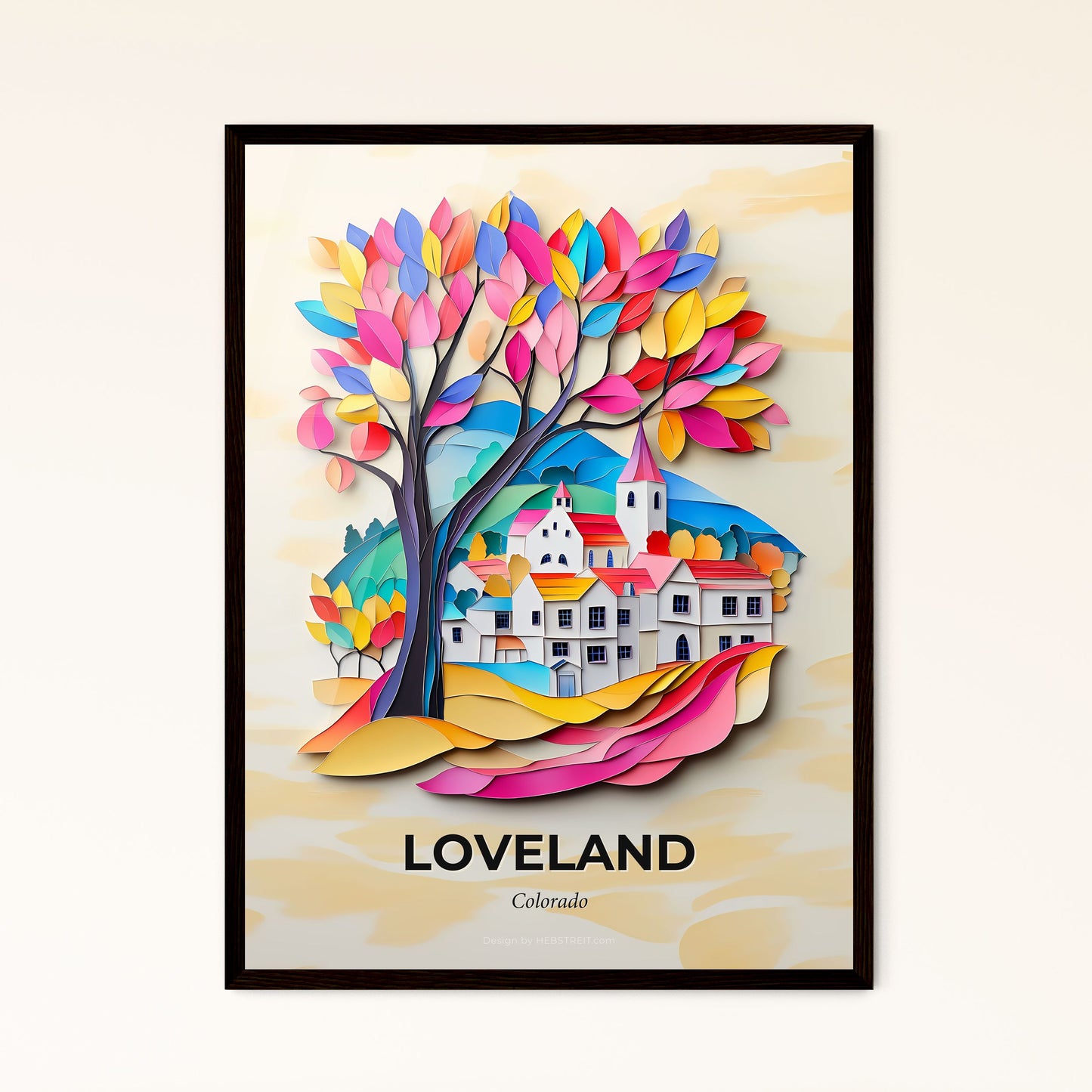 Vivid Loveland, Colorado - a paper cut of a colorful tree with a church in the background