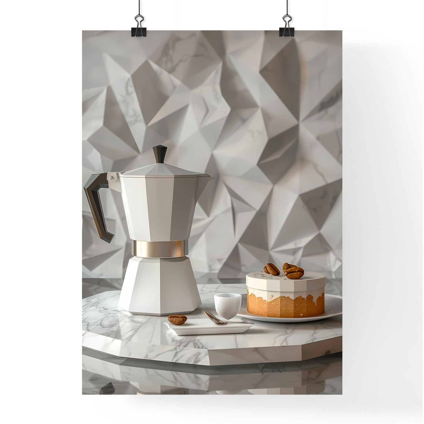Moka Pot and Coffee Cake Origami Cubism 3D Model on Marble Table UHD 16K Painting Art Default Title