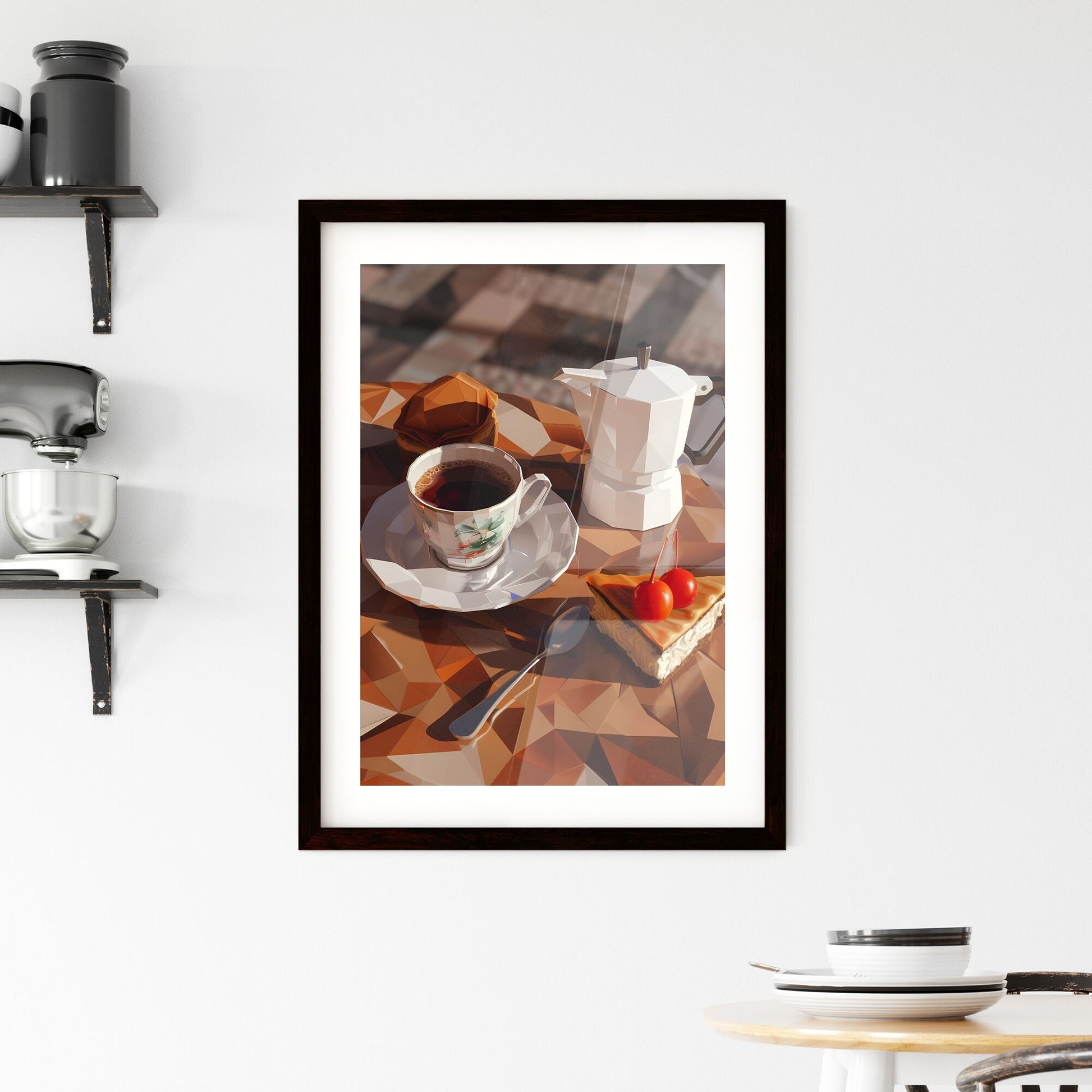 Low poly 3D model of a Moka Pot, coffee, and cheesecake on a table in origami style, cubism, studio lighting, UHD, 16K Default Title