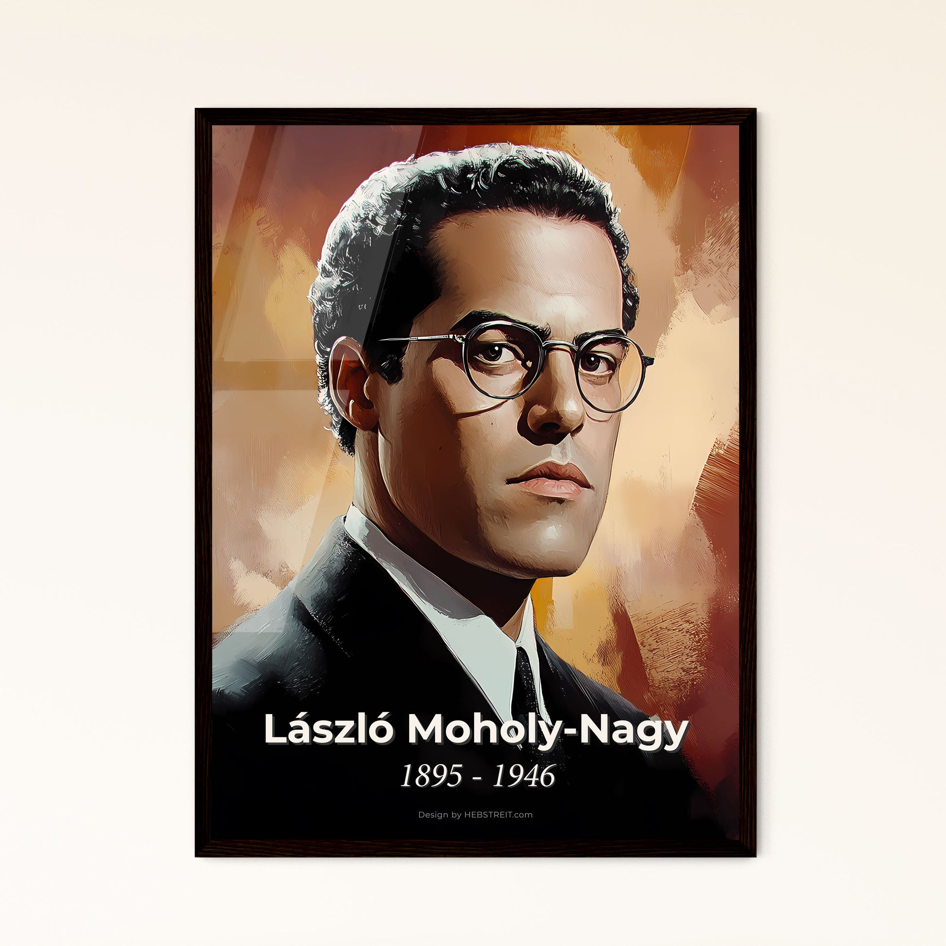 Portrait of László Moholy-Nagy, 1895 - 1946. Impressionistic painting of a man wearing glasses and a suit.