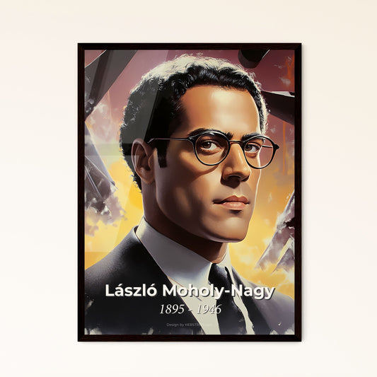 Portrait of László Moholy-Nagy, 1895 - 1946. Impressionistic painting of a man wearing glasses and a suit.