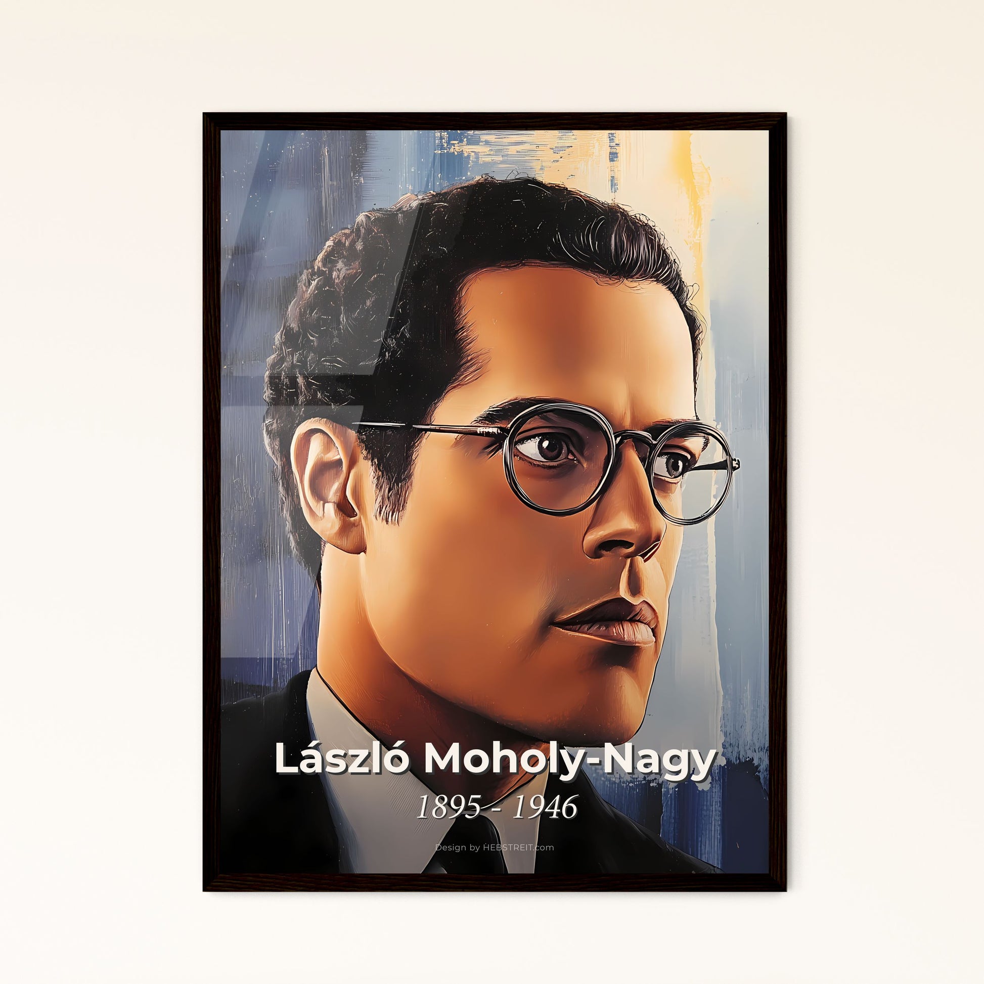 Portrait of László Moholy-Nagy, 1895 - 1946. Impressionistic painting of a man wearing glasses and a suit.