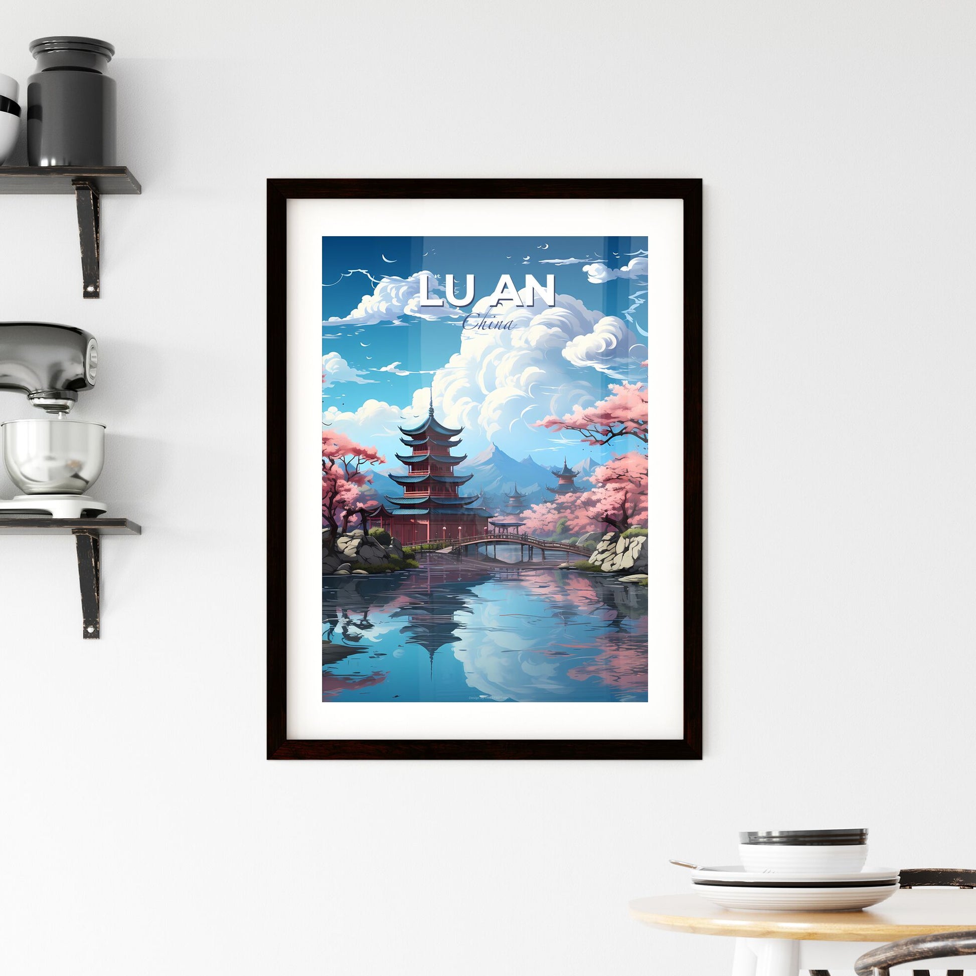 Lu an China Skyline Painting Vibrant Pagoda Bridge River Art Print Default Title