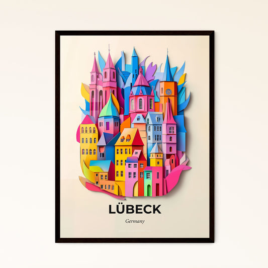 Vivid Lubeck, Germany - a colorful city with a clock tower and a bird flying over it