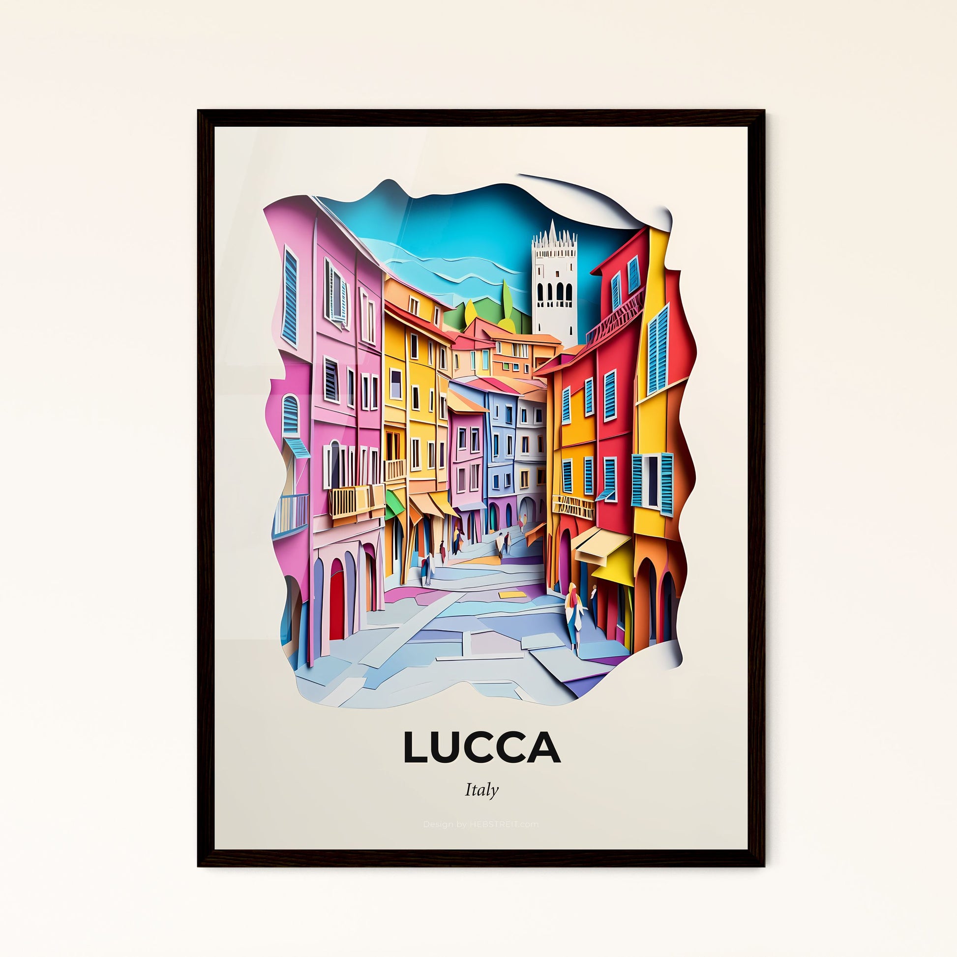 Vivid Lucca, Italy - a colorful city street scene with a paper cut out of it