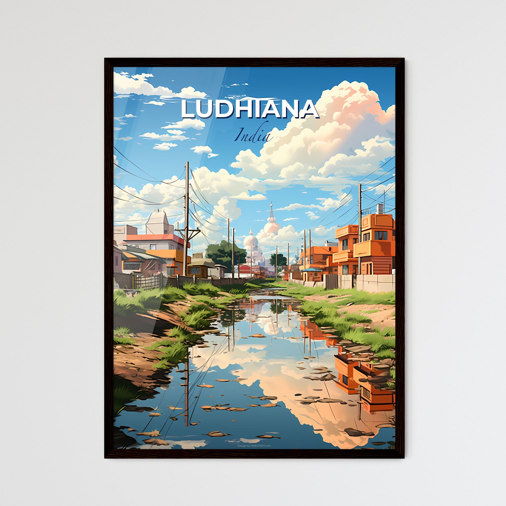 Ludhiana India Cityscape Painting Depicting Skyline with Buildings, Power Lines, and Water Stream Default Title