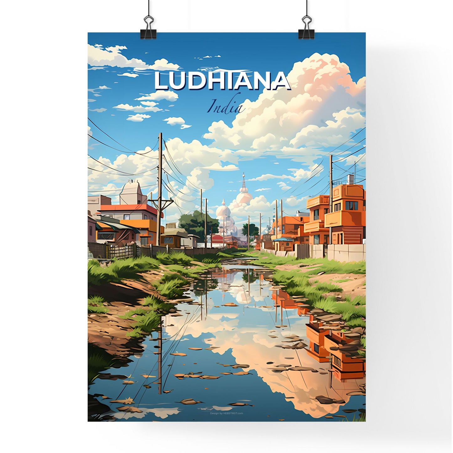 Ludhiana India Cityscape Painting Depicting Skyline with Buildings, Power Lines, and Water Stream Default Title