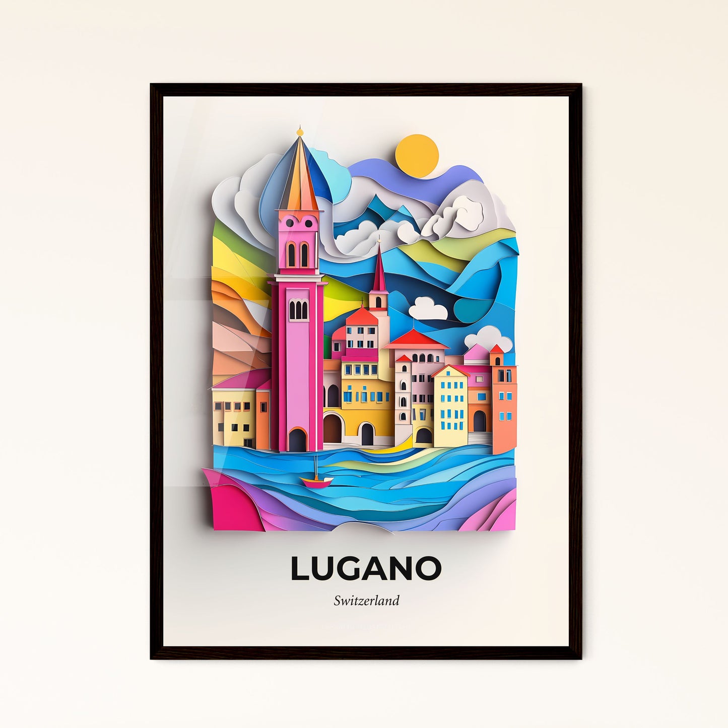 Vivid Lugano, Switzerland - a colorful city with a clock tower on a hill