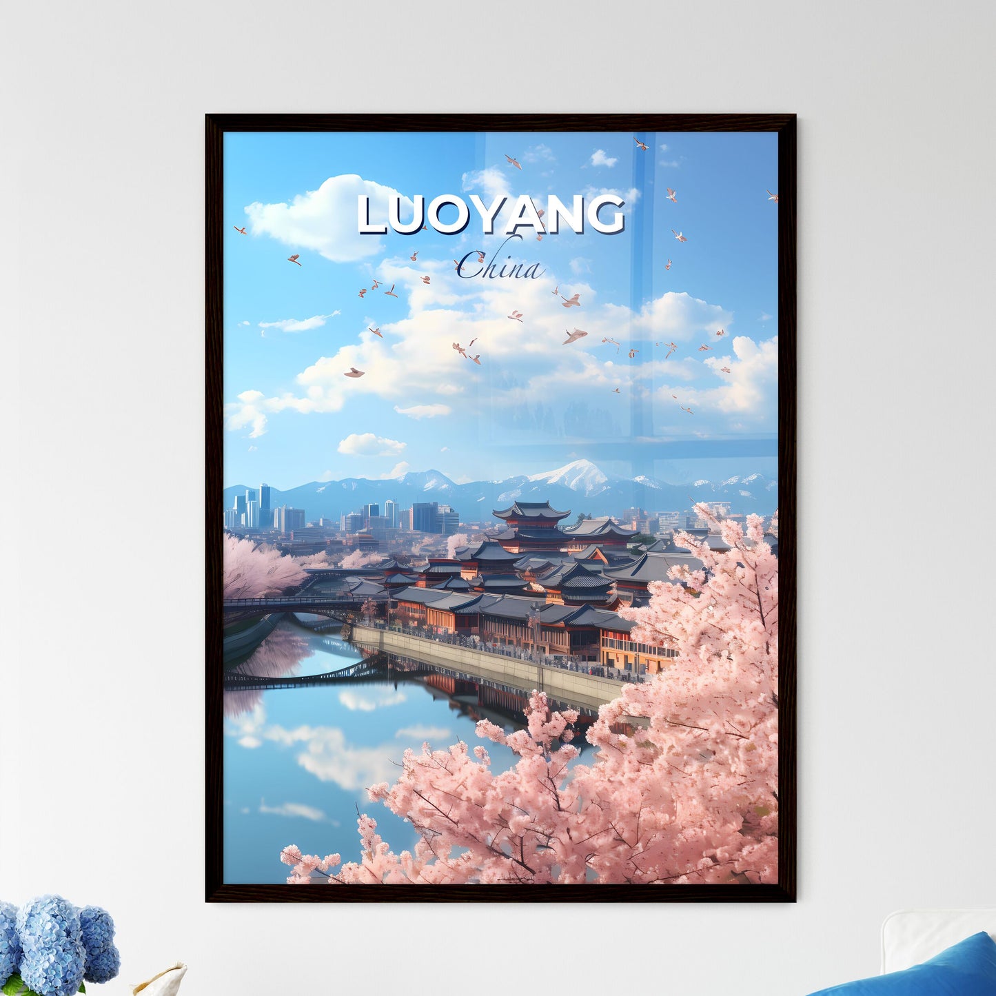 Dramatic Pink Blossom River City Skyline Painting with Intricate Detail and Vibrant Colors Default Title