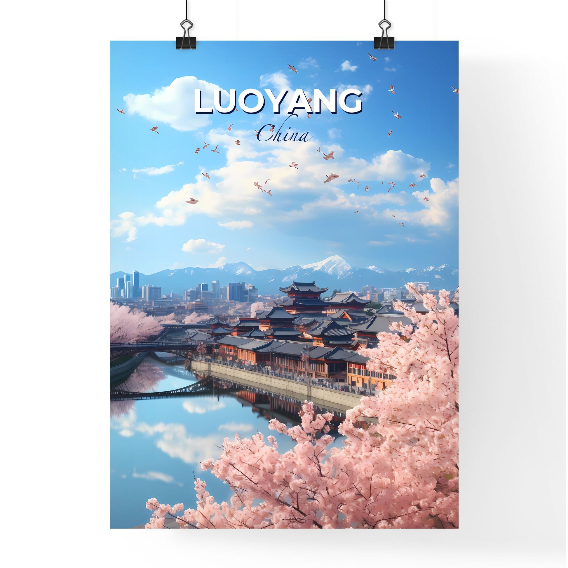 Dramatic Pink Blossom River City Skyline Painting with Intricate Detail and Vibrant Colors Default Title