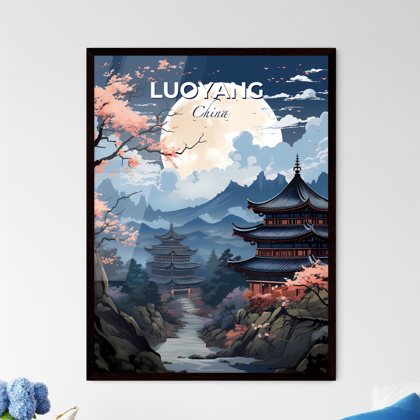 Luoyang Cityscape Painting: Traditional Pagoda and Lush Trees in Vibrant Artistic Landscape Default Title