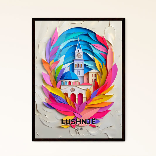 Vivid Lushnjë, Albania - a paper cut of a church with a clock tower