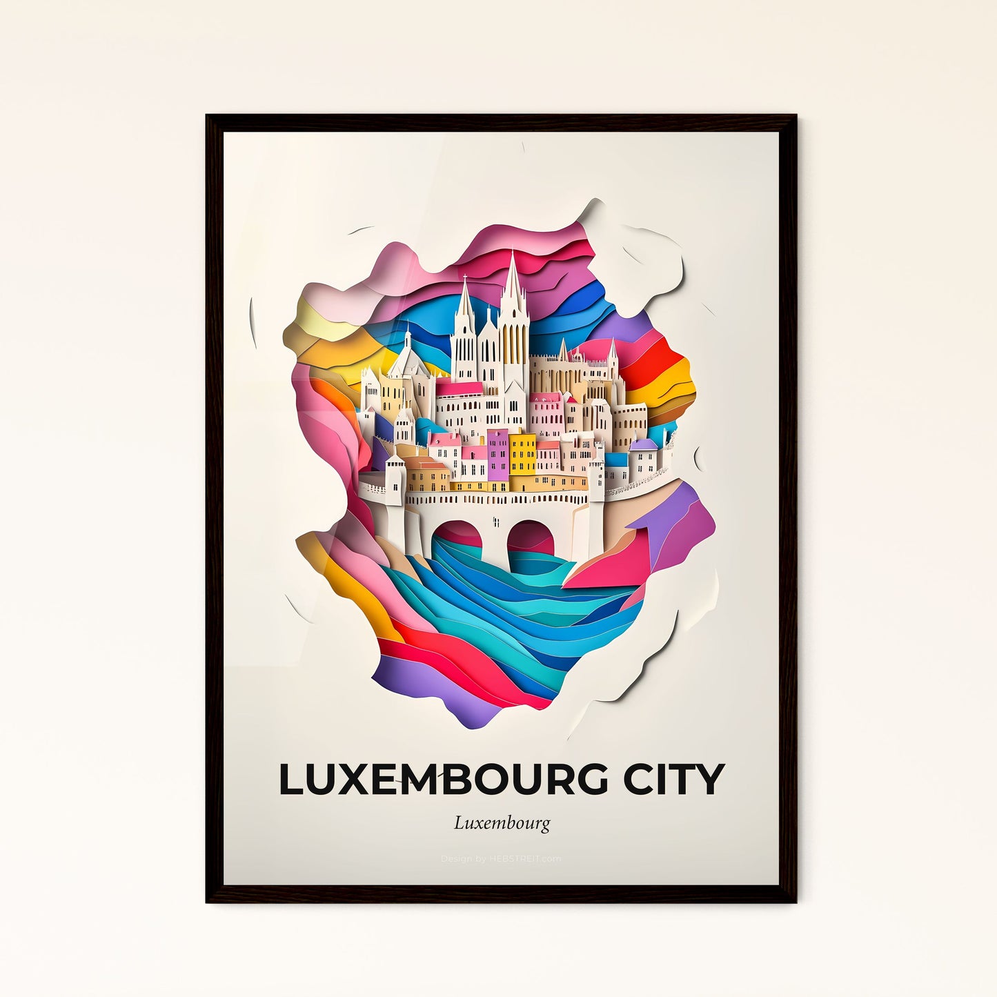 Vivid Luxembourg City, Luxembourg - a paper cut of a city with a rainbow wave