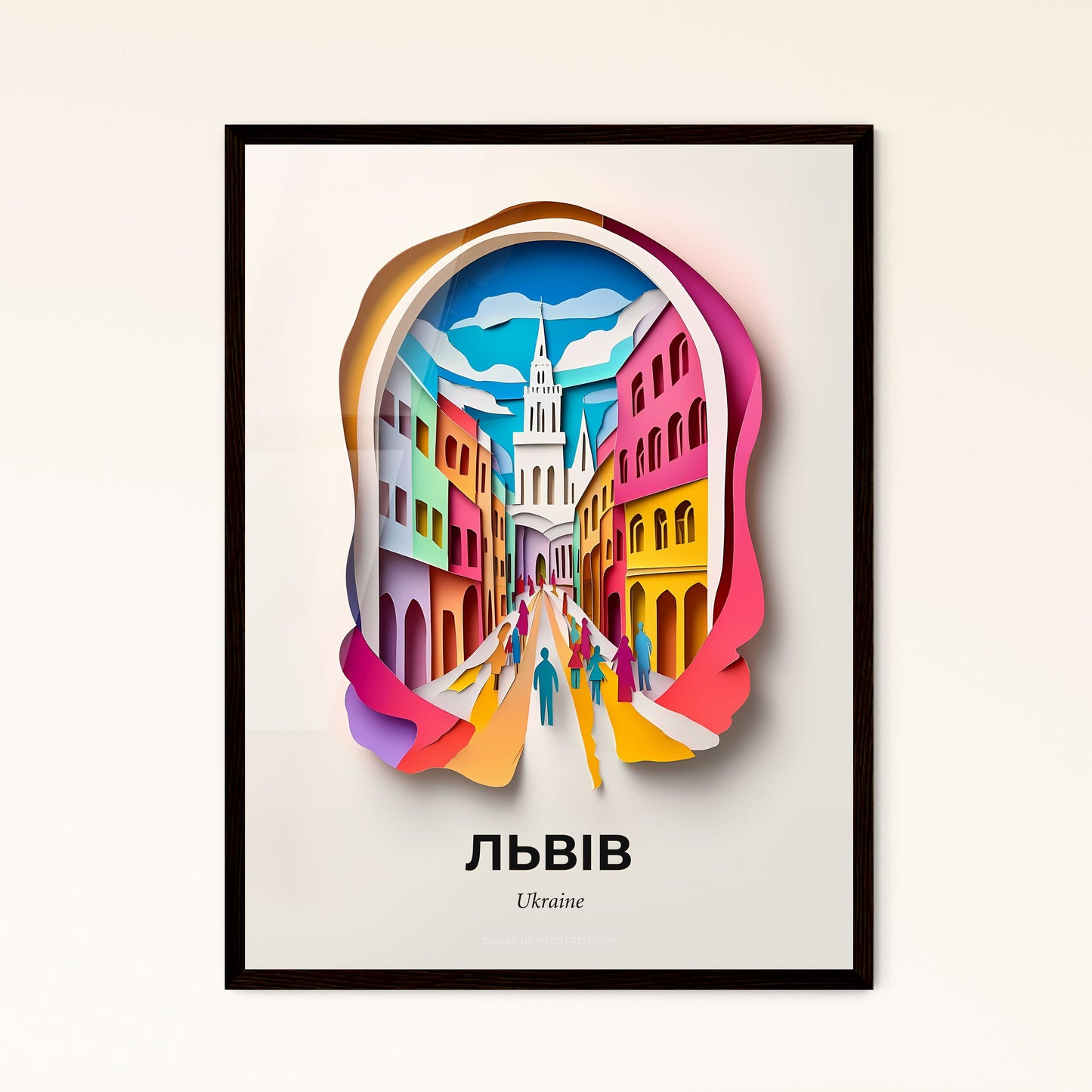 Vivid Lviv, Ukraine - a paper cut of a city with people walking down the street