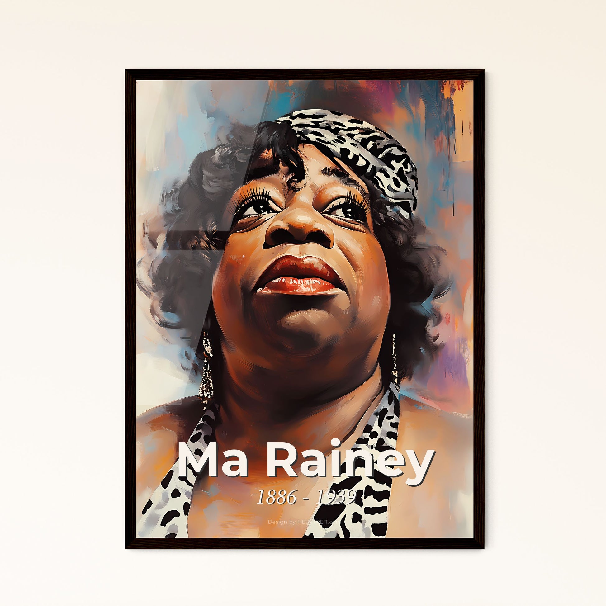 Portrait of Ma Rainey, 1886 - 1939. Impressionistic painting of a woman looking up with a scarf around her head.