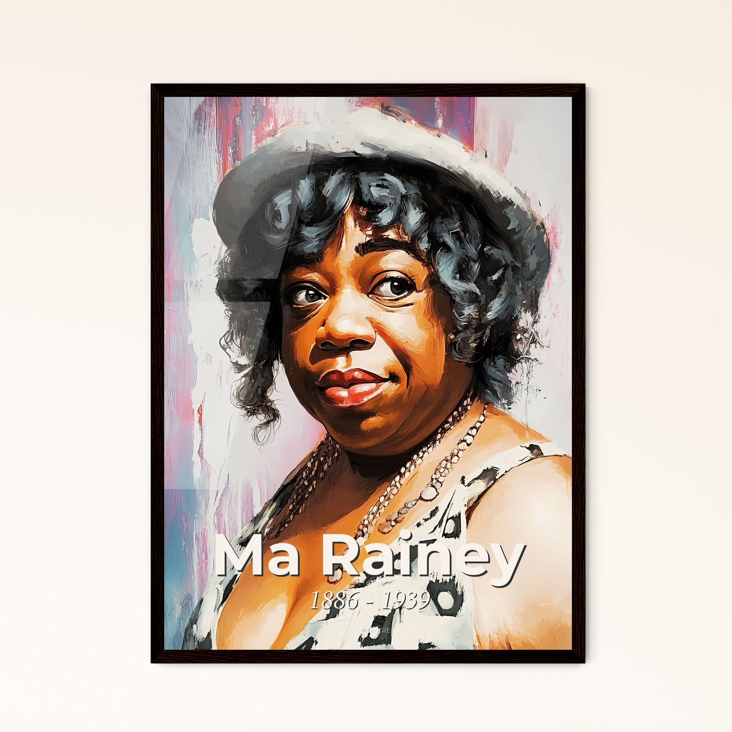 Portrait of Ma Rainey, 1886 - 1939. Impressionistic painting of a woman wearing a hat.