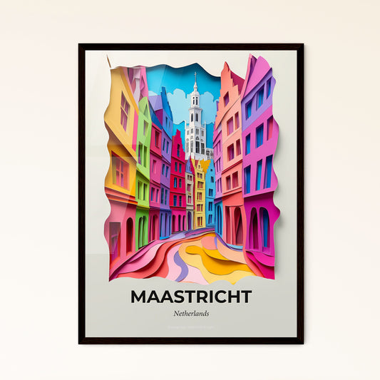 Vivid Maastricht, Netherlands - a colorful city street with a clock tower in the background