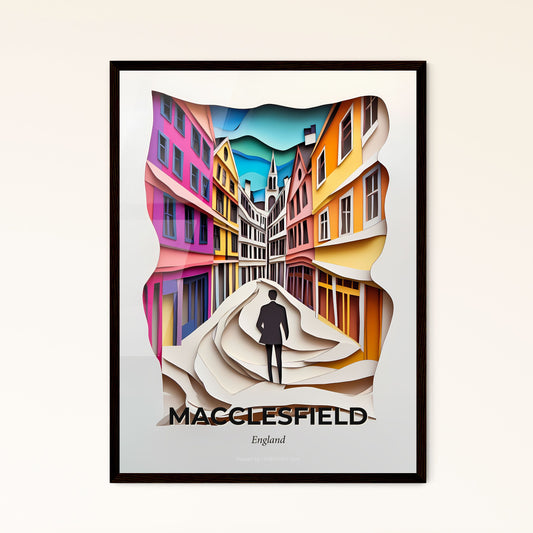 Vivid Macclesfield, England - a man standing in a street with a paper cut out of it