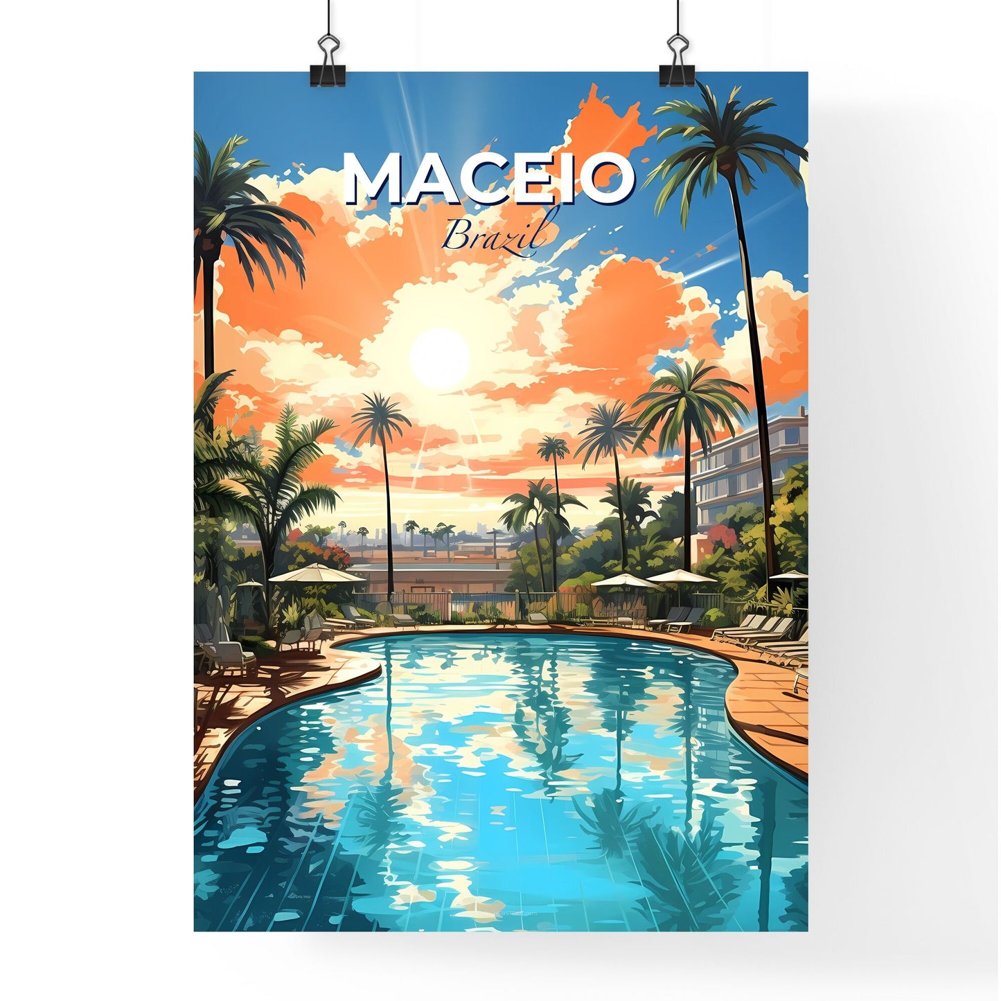 Vibrant Painting of Maceió, Brazil Skyline at Sunset - Pool with Palm Trees and Sun Default Title