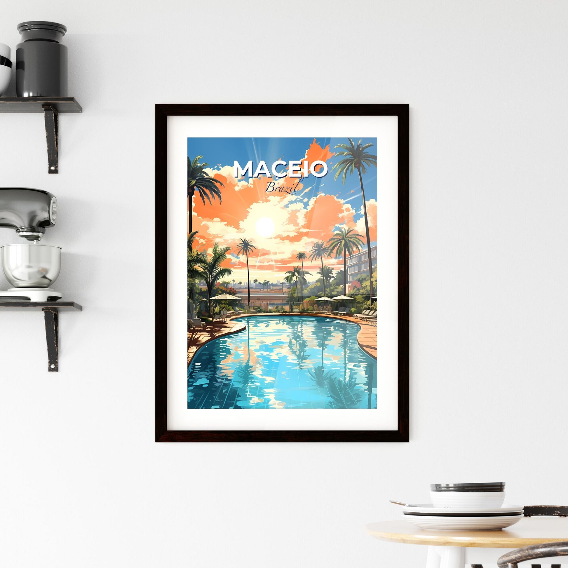 Vibrant Painting of Maceió, Brazil Skyline at Sunset - Pool with Palm Trees and Sun Default Title