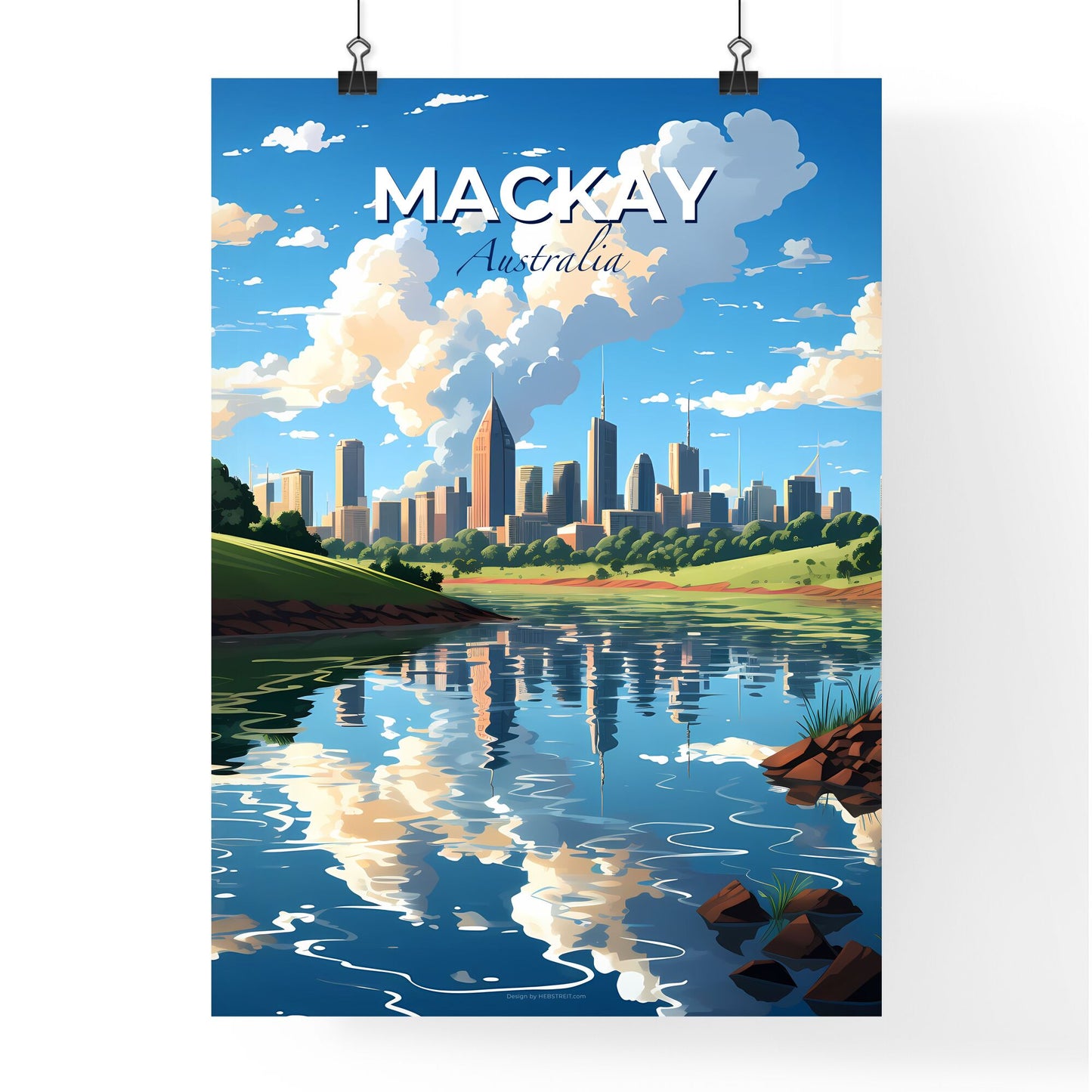 Vibrant Artistic City Skyline Painting of Mackay Australia Centered On River Default Title