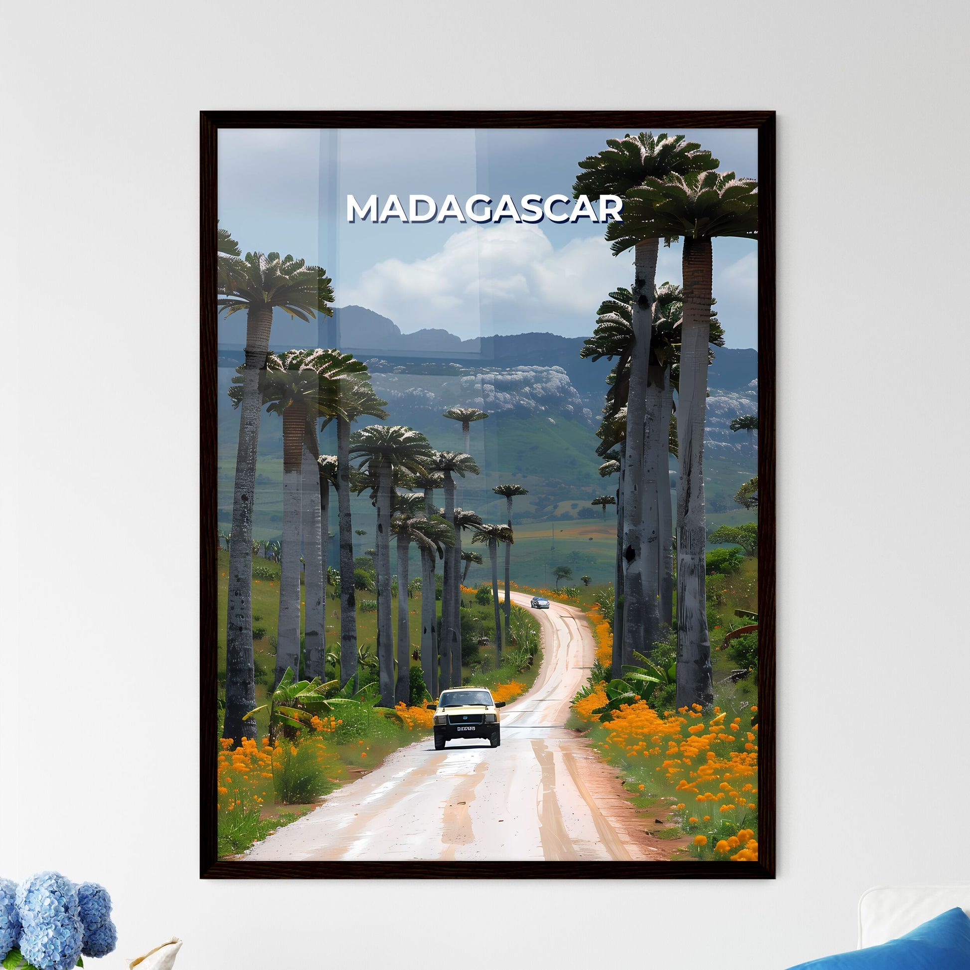 Madagascar Roadside Canvas Art: Vibrant Painting with Palm Trees and Flowers