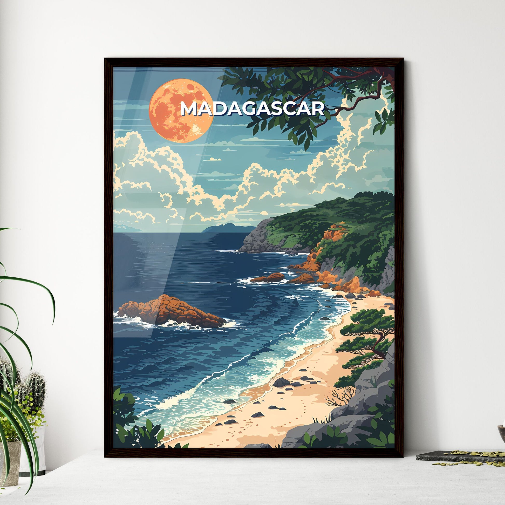 Madagascar Beach Painting, Africa, Tropical Landscape, Art, Trees, Rocks, Vibrant Colors