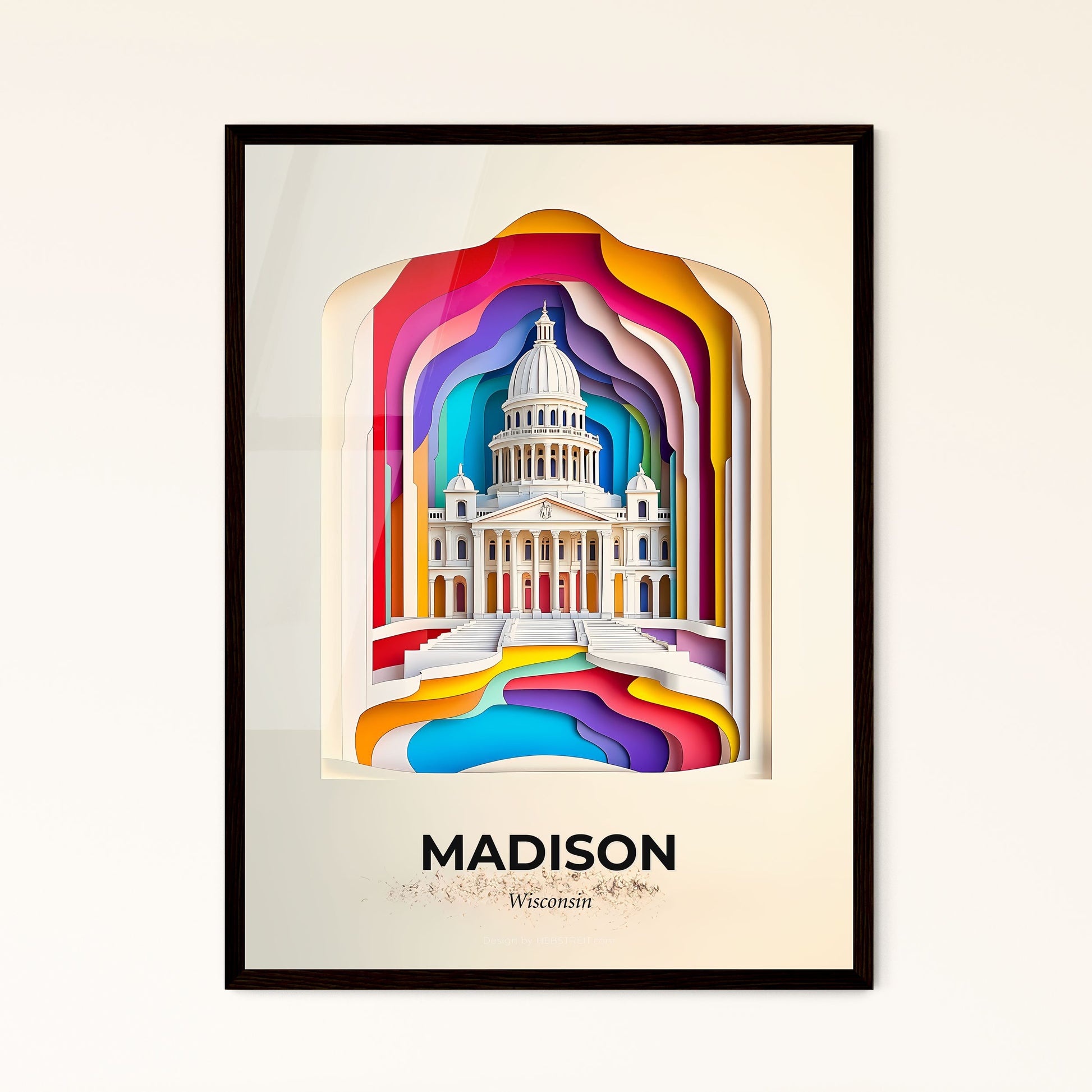 Vivid Madison, Wisconsin - a paper cut of a building with a rainbow background