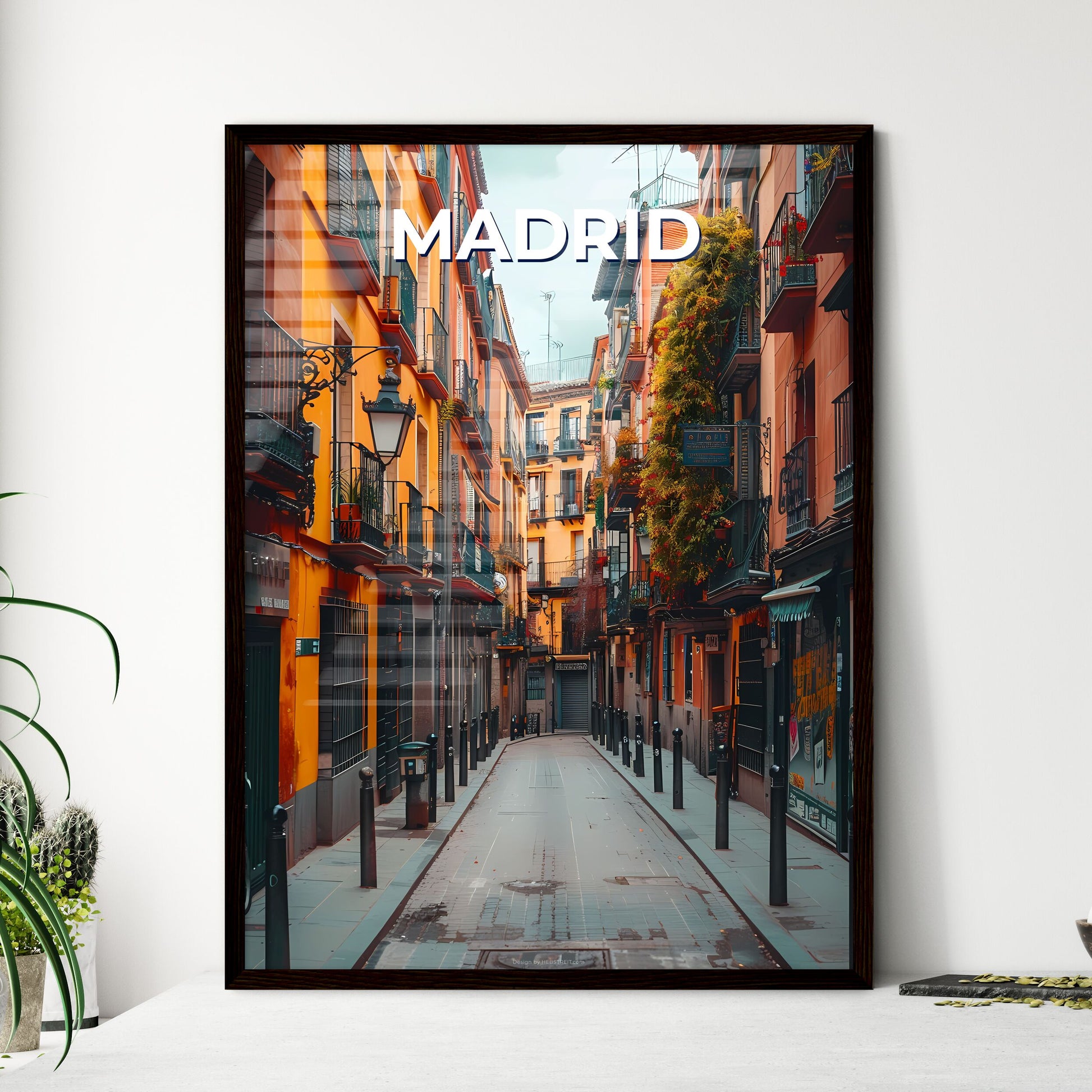 Madrid Street Art: Vibrant Painting on Narrow Street with Buildings and Greenery