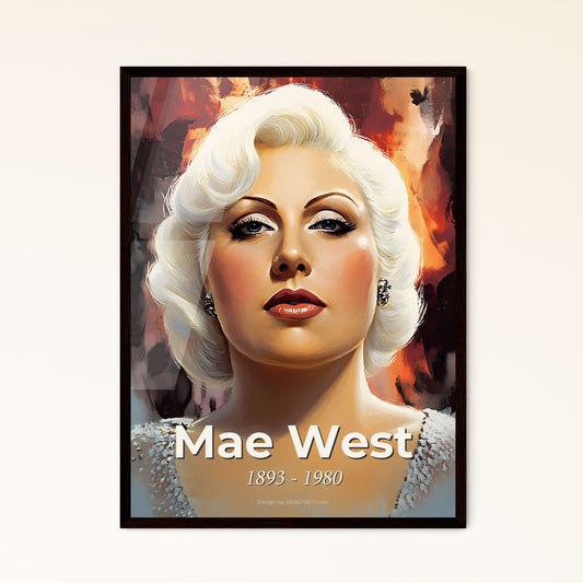 Portrait of Mae West, 1893 - 1980. Impressionistic painting of a woman with blonde hair and makeup.