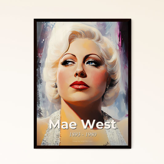 Portrait of Mae West, 1893 - 1980. Impressionistic painting of a woman with blonde hair and red lipstick.