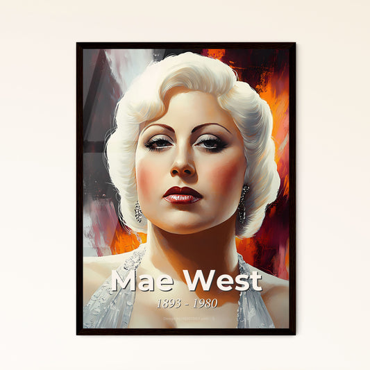 Portrait of Mae West, 1893 - 1980. Impressionistic painting of a woman with blonde hair and red lips.