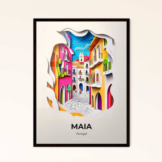 Vivid Maia, Portugal - a paper cut of a colorful city with a person walking down the street