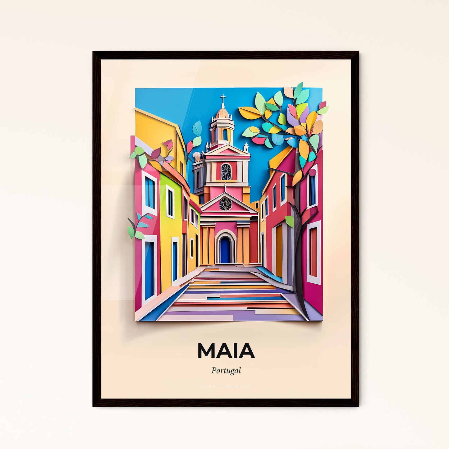 Vivid Maia, Portugal - a colorful picture of a church with a tree