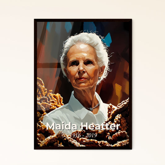 Portrait of Maida Heatter, 1916 - 2019. Impressionistic painting of a woman with white hair and a pile of brown objects.