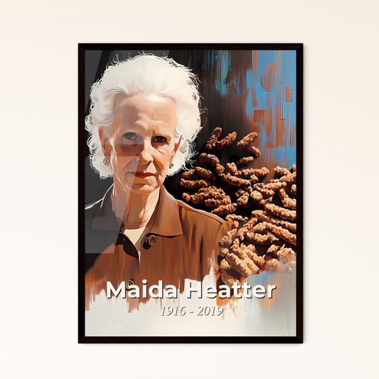 Portrait of Maida Heatter, 1916 - 2019. Impressionistic painting of a woman with white hair and brown coat.