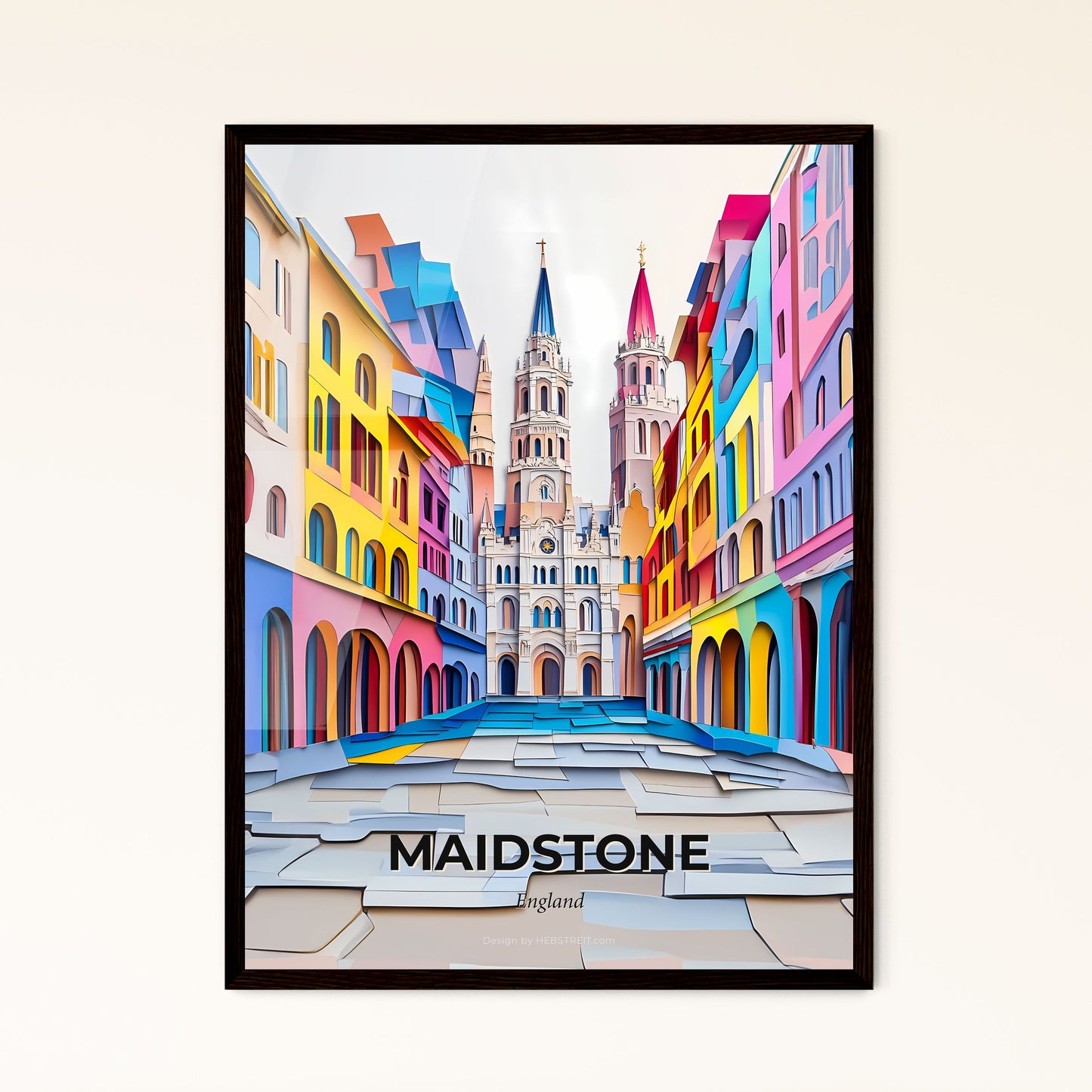 Vivid Maidstone, England - a painting of a street with a church in the background