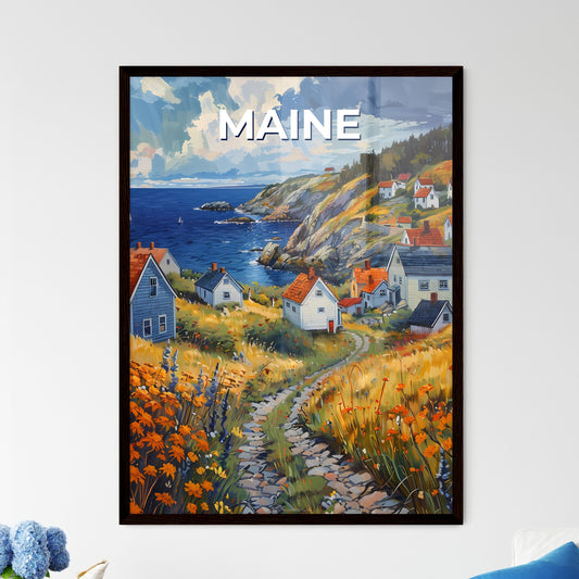 Vibrant Painting of a Hilltop Village in Maine with Orange Flowers, Artwork, Landscape, Impressionism