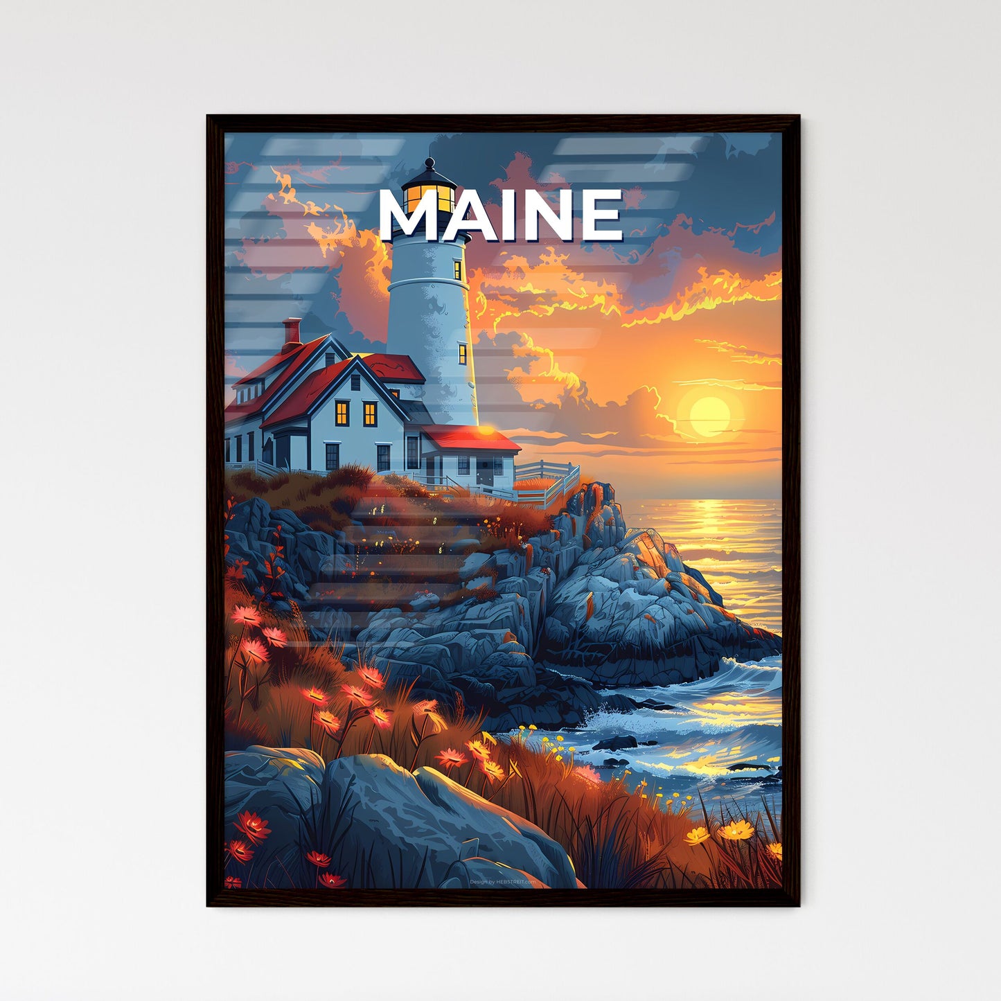 Lighthouse Painting on Rocky Cliff, Vibrant Artwork, Maine, USA