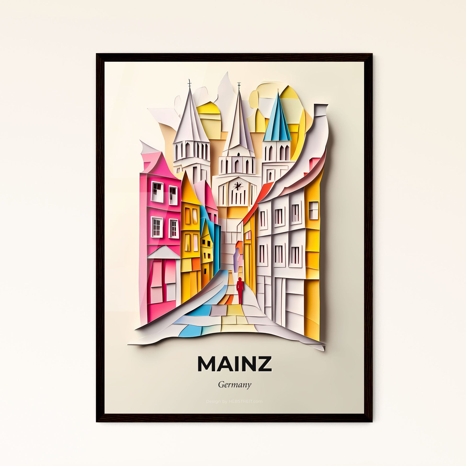 Vivid Mainz, Germany - a paper cut of a city with a person walking down the street