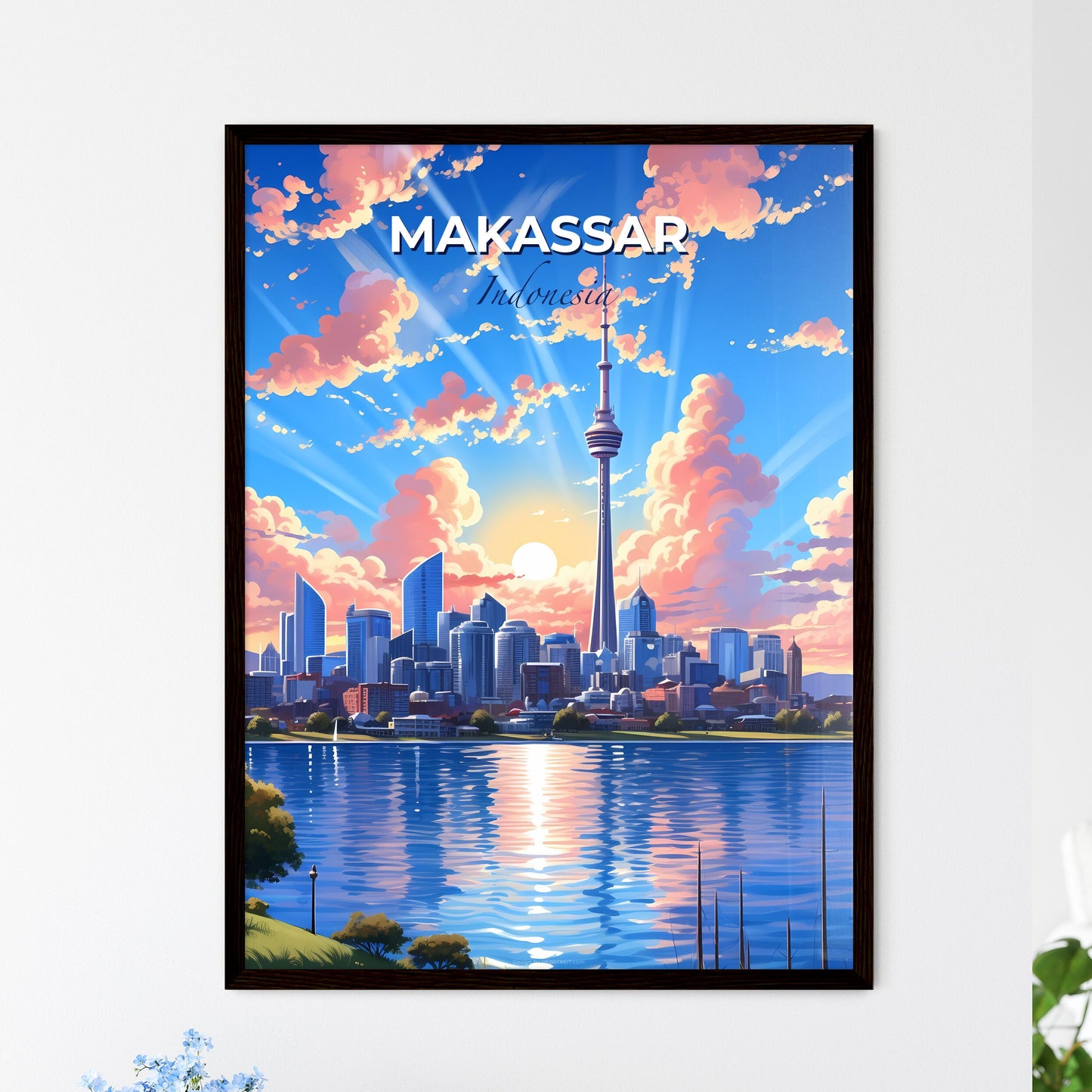 Vibrant Art Painting of Makassar Indonesia City Skyline featuring Tall Tower and Water Default Title