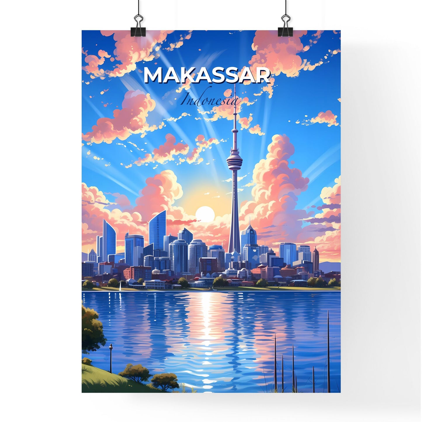 Vibrant Art Painting of Makassar Indonesia City Skyline featuring Tall Tower and Water Default Title