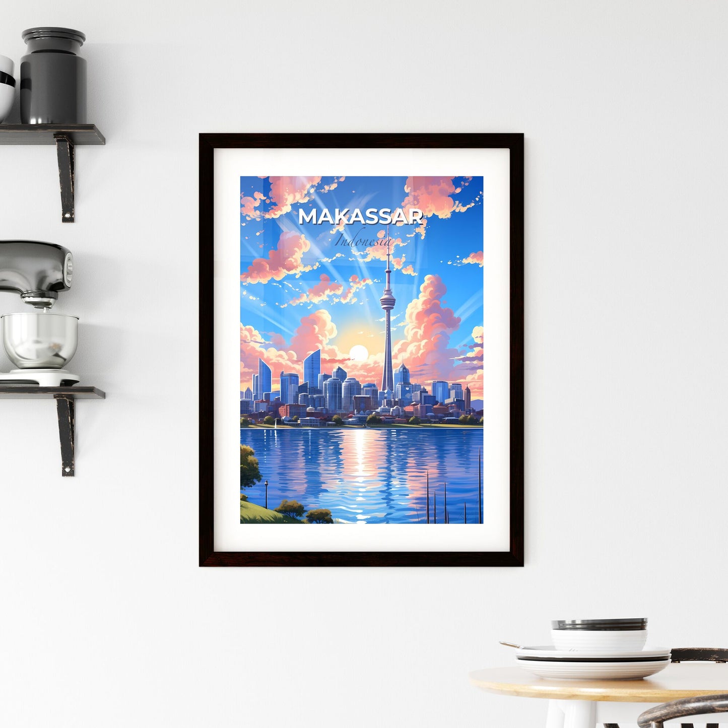 Vibrant Art Painting of Makassar Indonesia City Skyline featuring Tall Tower and Water Default Title