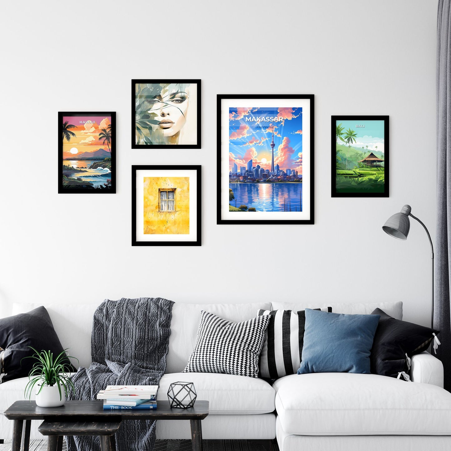 Vibrant Art Painting of Makassar Indonesia City Skyline featuring Tall Tower and Water Default Title