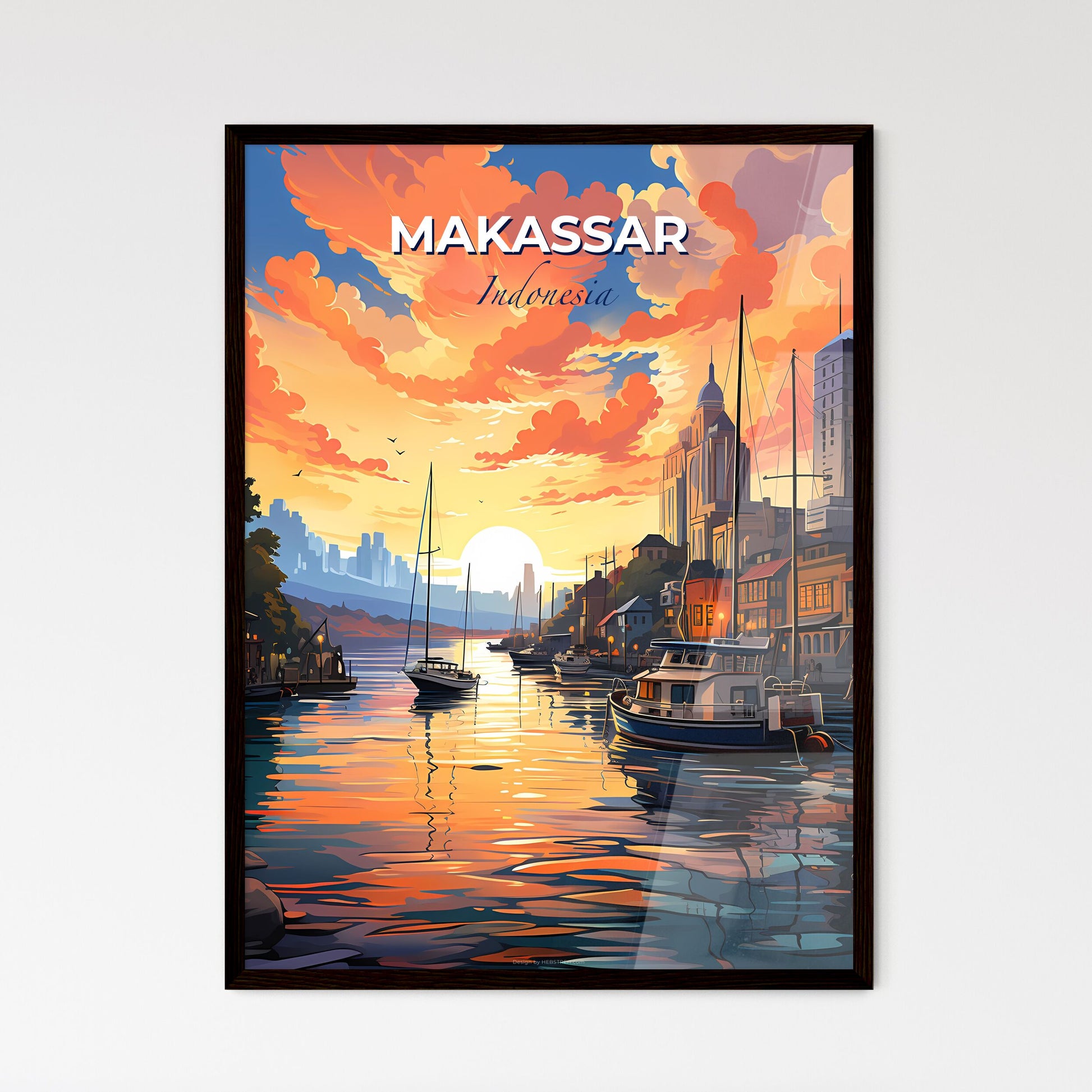 Expressive Watercolor Painting of Makassar Indonesia Skyline with Boats and Buildings Default Title