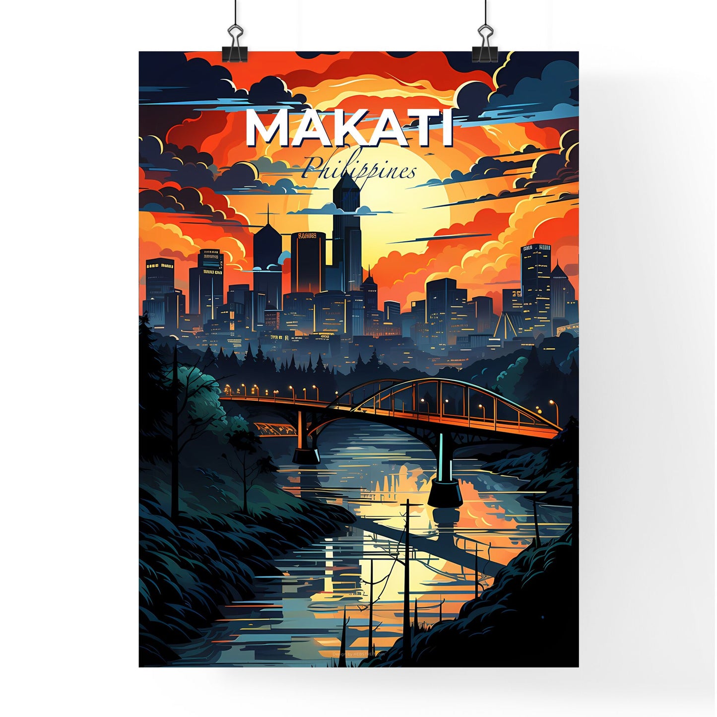 Makati Philippines Skyline Painting of a River Bridge and City Default Title