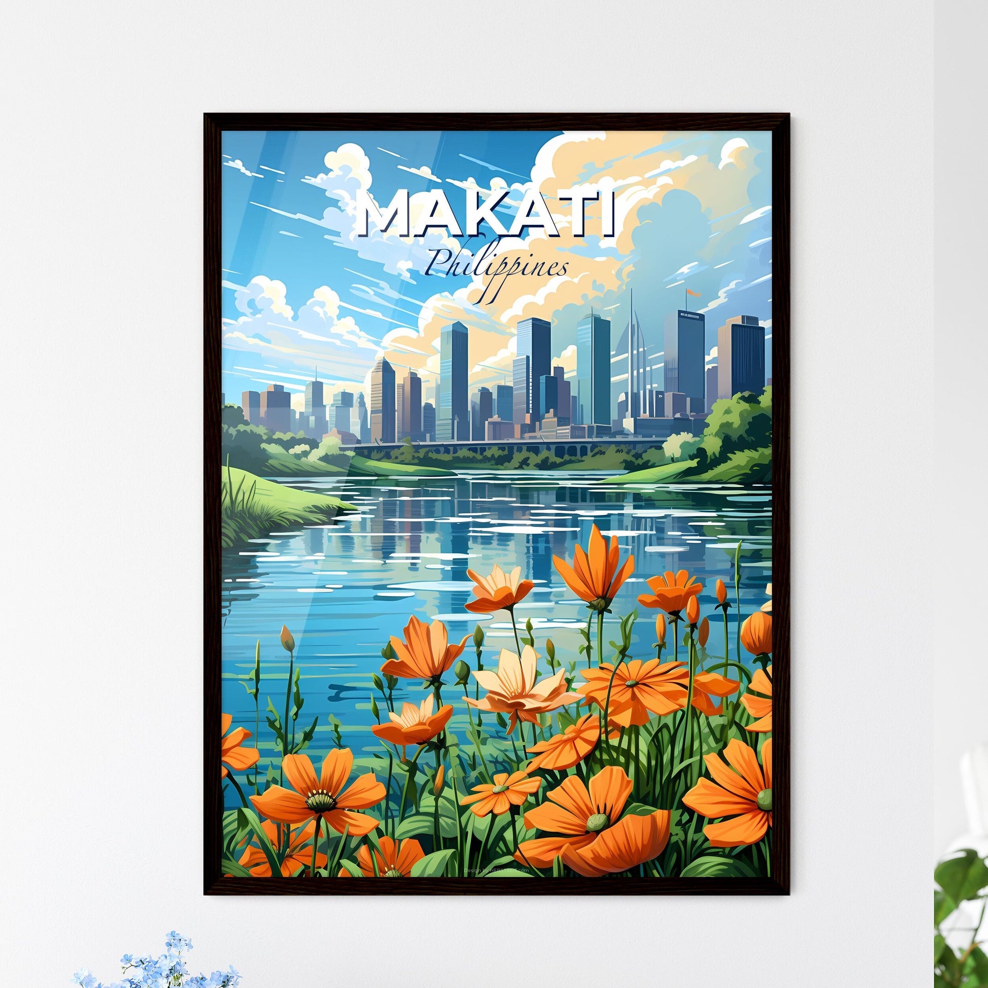 Colorful Cityscape Painting Depicting a River with Orange Flowers and a Vibrant Urban Silhouette Default Title