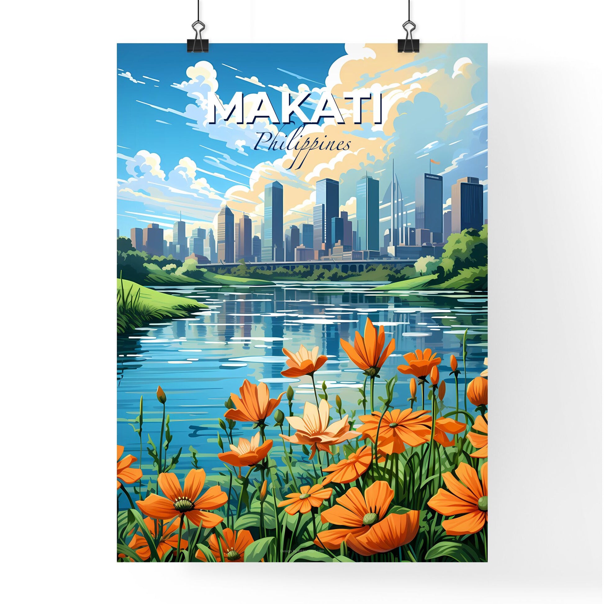 Colorful Cityscape Painting Depicting a River with Orange Flowers and a Vibrant Urban Silhouette Default Title